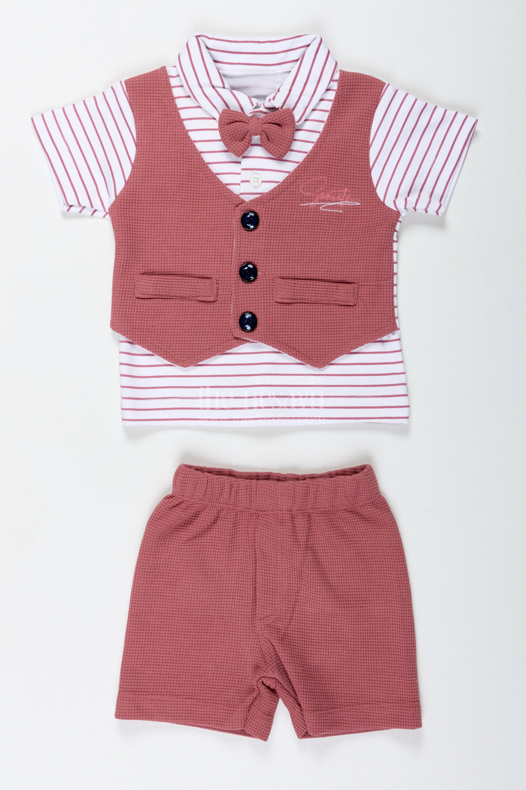 The Nesavu Boys Casual Set Boys Cotton Waffle Knit Peach Dress Casual with Striped Shirt and Buttoned Vest for Stylish Comfort Nesavu 14 (6M) / Peach BCS309A-14 Nesavu Boys Peach Dress Casual Set Cotton Waffle Knit Striped Tee Stylish Buttoned Vest
