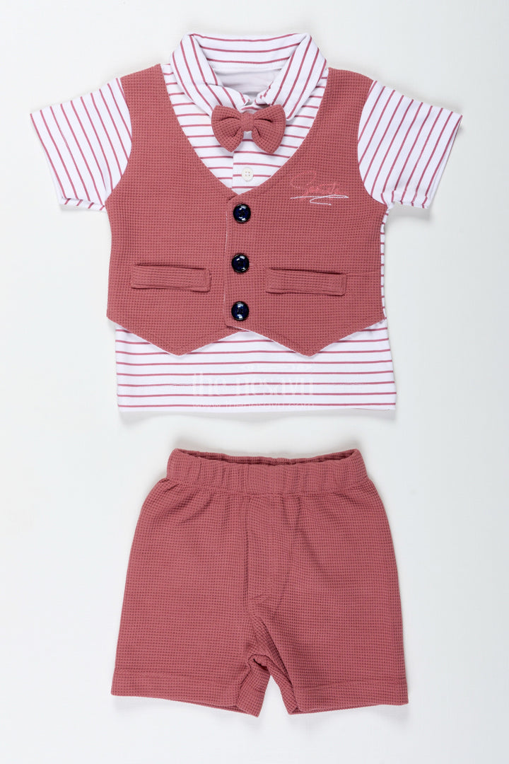The Nesavu Boys Casual Set Boys Cotton Waffle Knit Peach Dress Casual with Striped Shirt and Buttoned Vest for Stylish Comfort Nesavu 14 (6M) / Peach BCS309A-14 Nesavu Boys Peach Dress Casual Set Cotton Waffle Knit Striped Tee Stylish Buttoned Vest