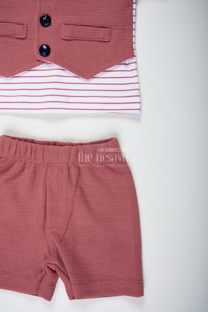 The Nesavu Boys Casual Set Boys Cotton Waffle Knit Peach Dress Casual with Striped Shirt and Buttoned Vest for Stylish Comfort Nesavu Nesavu Boys Peach Dress Casual Set Cotton Waffle Knit Striped Tee Stylish Buttoned Vest