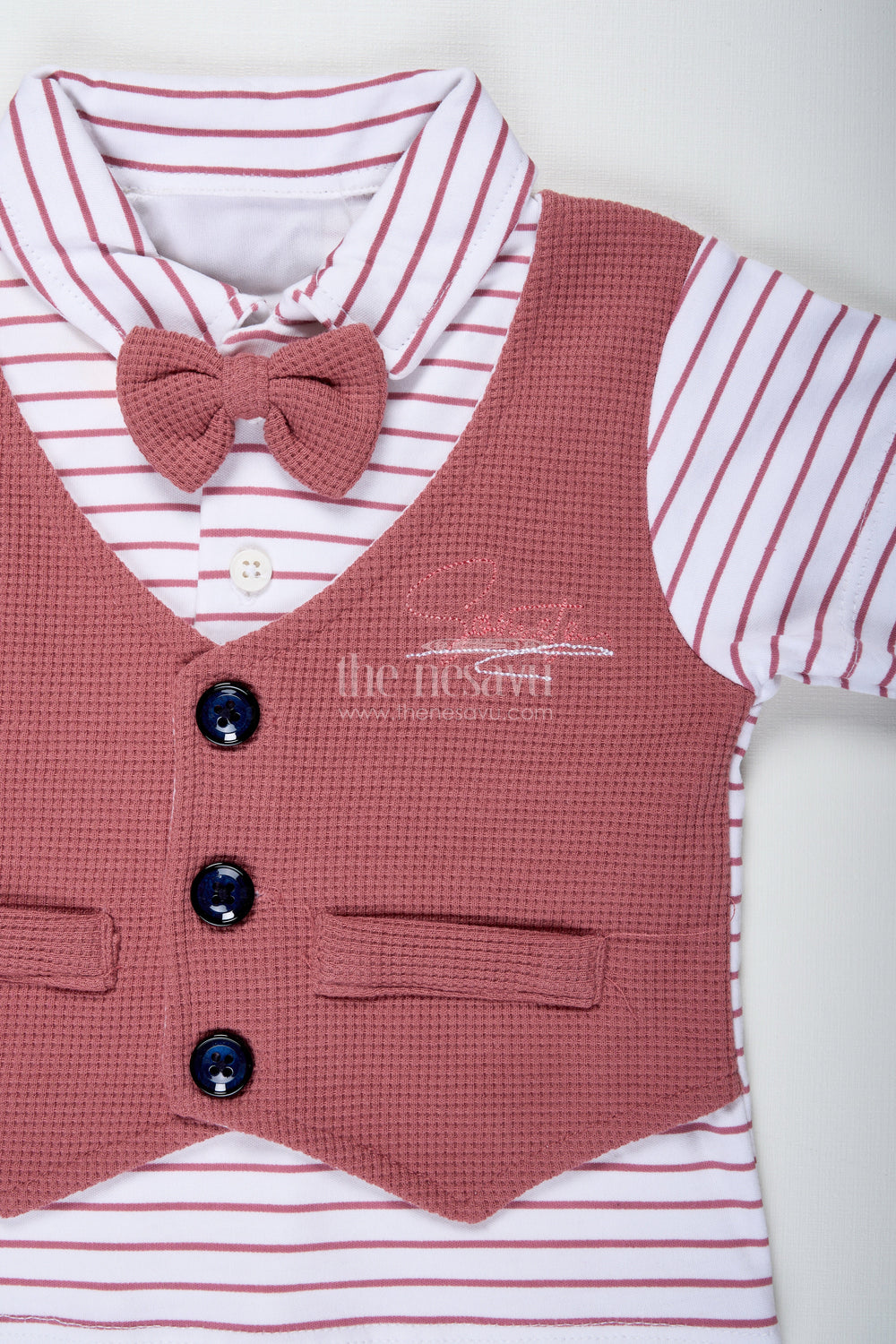The Nesavu Boys Casual Set Boys Cotton Waffle Knit Peach Dress Casual with Striped Shirt and Buttoned Vest for Stylish Comfort Nesavu Nesavu Boys Peach Dress Casual Set Cotton Waffle Knit Striped Tee Stylish Buttoned Vest