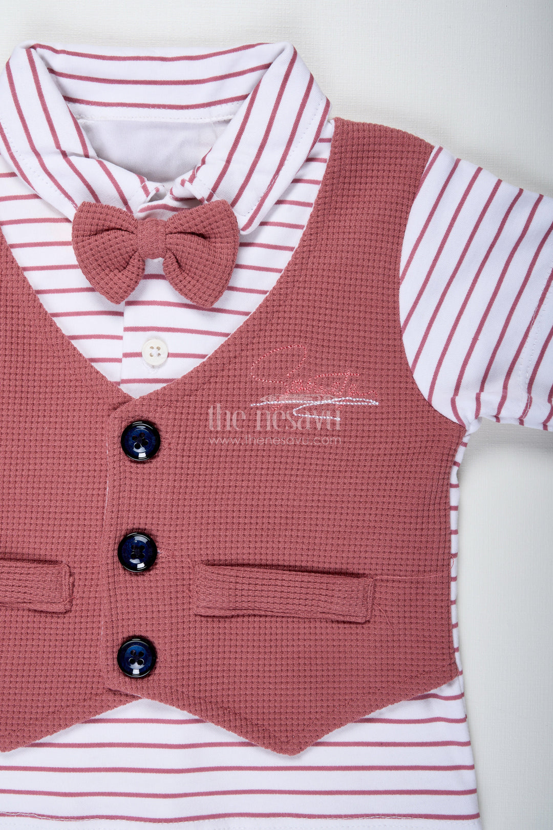 The Nesavu Boys Casual Set Boys Cotton Waffle Knit Peach Dress Casual with Striped Shirt and Buttoned Vest for Stylish Comfort Nesavu Nesavu Boys Peach Dress Casual Set Cotton Waffle Knit Striped Tee Stylish Buttoned Vest