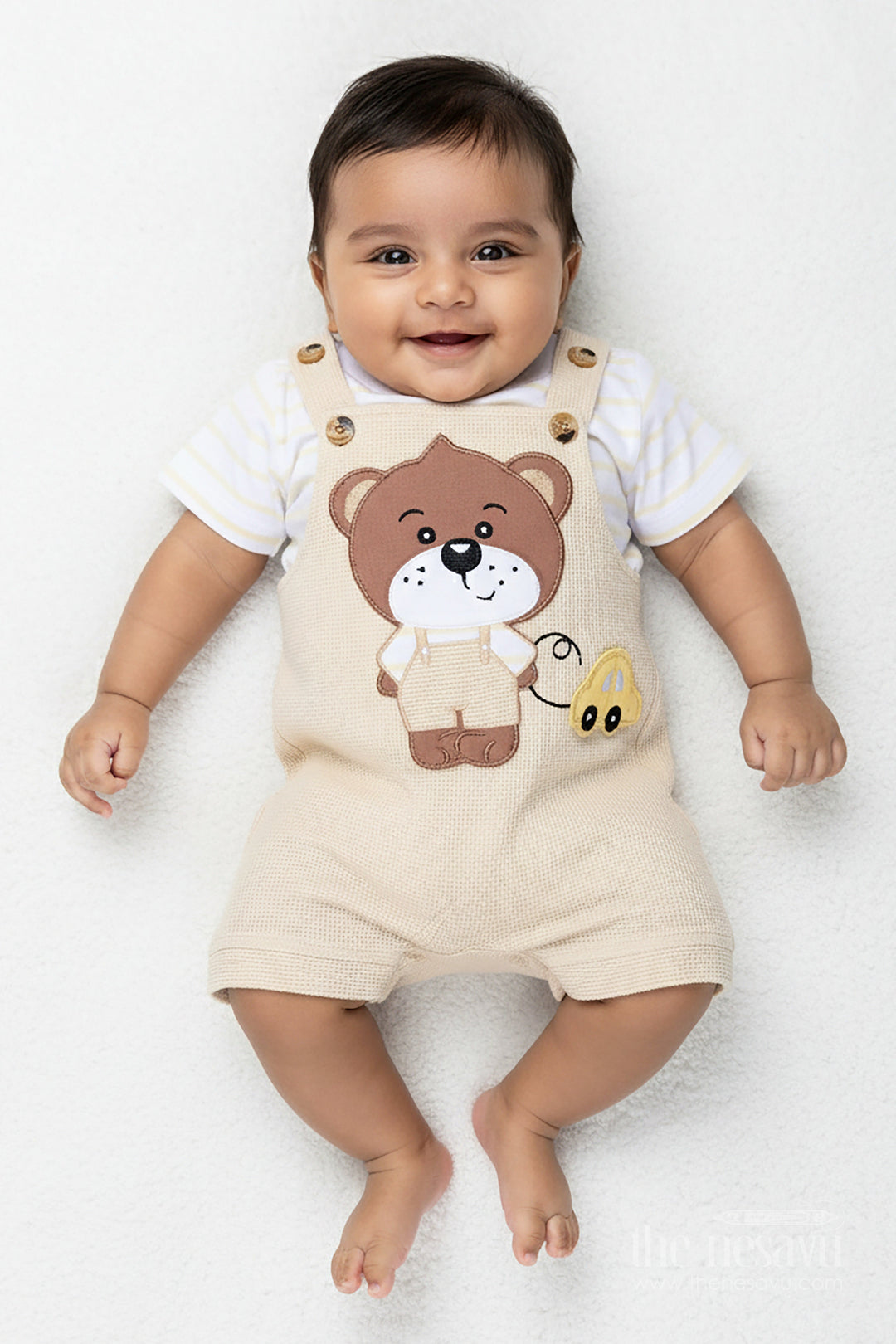 The Nesavu Boys Casual Set Boys Cotton Waffle Knit Summer Dress Casual Set with Teddy Dungaree and Striped Tee for Playful Comfort Nesavu 14 (6M) / Beige BCS313A-14 Nesavu Boys Cotton Summer Dress Casual Set Teddy Appliqu Striped Waffle Knit Tee