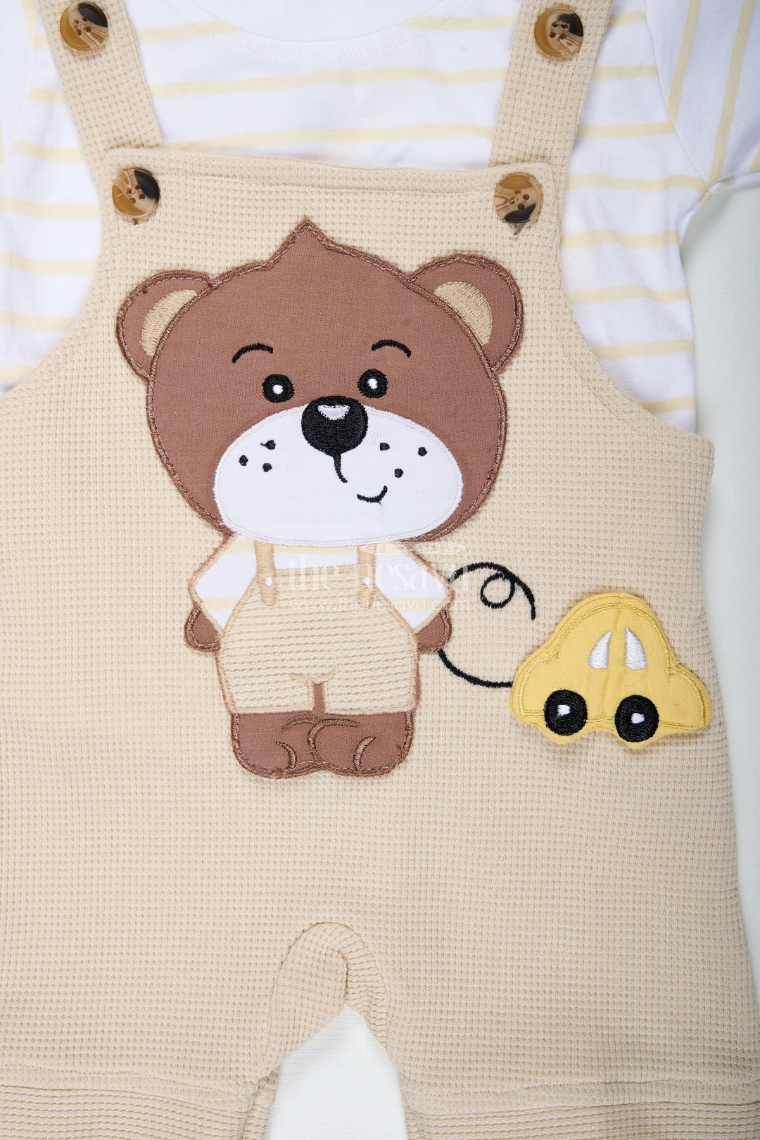 The Nesavu Boys Casual Set Boys Cotton Waffle Knit Summer Dress Casual Set with Teddy Dungaree and Striped Tee for Playful Comfort Nesavu Nesavu Boys Cotton Summer Dress Casual Set Teddy Appliqu Striped Waffle Knit Tee