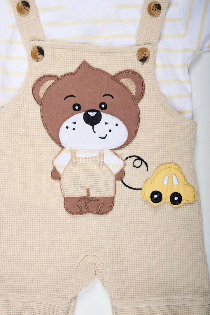 The Nesavu Boys Casual Set Boys Cotton Waffle Knit Summer Dress Casual Set with Teddy Dungaree and Striped Tee for Playful Comfort Nesavu Nesavu Boys Cotton Summer Dress Casual Set Teddy Appliqu Striped Waffle Knit Tee