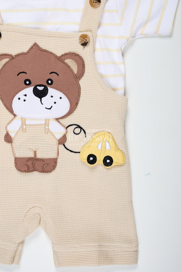 The Nesavu Boys Casual Set Boys Cotton Waffle Knit Summer Dress Casual Set with Teddy Dungaree and Striped Tee for Playful Comfort Nesavu Nesavu Boys Cotton Summer Dress Casual Set Teddy Appliqu Striped Waffle Knit Tee