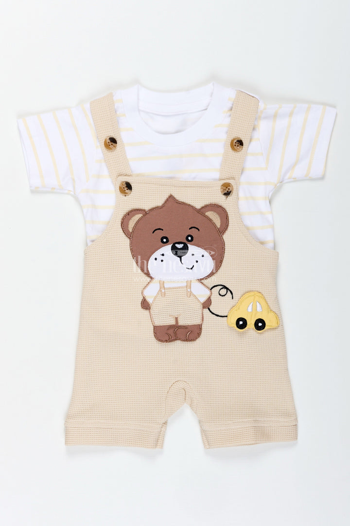 The Nesavu Boys Casual Set Boys Cotton Waffle Knit Summer Dress Casual Set with Teddy Dungaree and Striped Tee for Playful Comfort Nesavu Nesavu Boys Cotton Summer Dress Casual Set Teddy Appliqu Striped Waffle Knit Tee