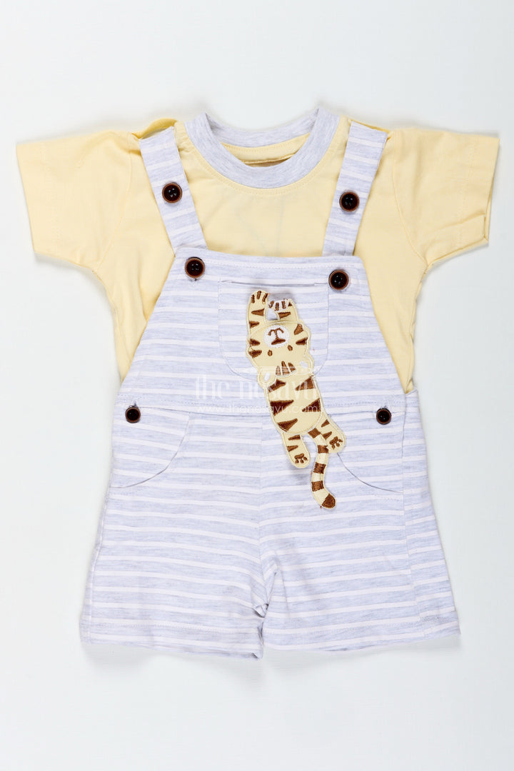 The Nesavu Boys Casual Set Boys Cotton Yellow Dress Outfit Casual with Giraffe Patch and Striped Dungaree for Sunny Day Comfort Nesavu Nesavu Boys Yellow Dress Outfit Casual Set Giraffe Patch Striped Cotton Dungaree Everyday Fun