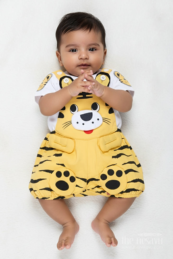 The Nesavu Boys Casual Set Boys Cotton Yellow Newborn Clothes Set with Animal Print Dungaree and Soft White T Shirt for Everyday Comfort Nesavu 14 (6M) / Yellow BCS278A-14 Nesavu Boys Yellow Cotton Newborn Clothes Set Animal Dungaree Soft T Shirt Infants