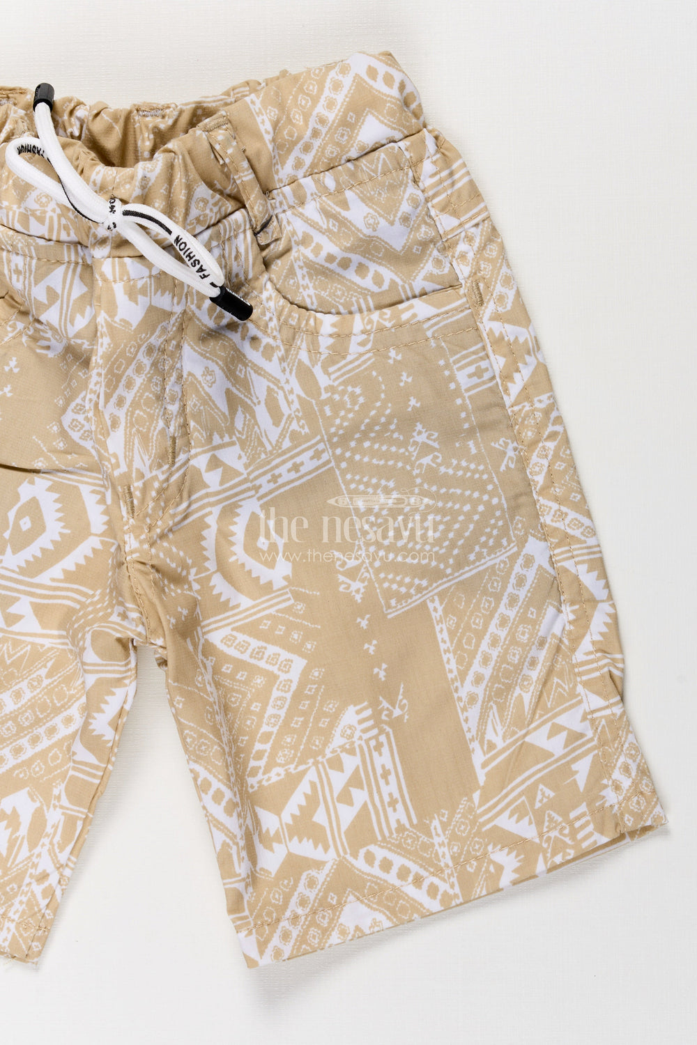 The Nesavu Boys Shorts Boys Cotton Yellow Shorts with Traditional Digital Print and Easy-Wear Drawstring Waist Nesavu Nesavu Boys Yellow Cotton Shorts Paisley Digital Print Stretch Waistband
