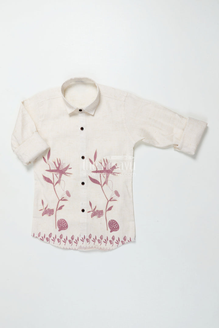 The Nesavu Boys Cotton Shirt Boys Cream and Brown Floral Embroidered Shirt Festive Ethnic Cotton Blend Nesavu 26 (6Y) / Brown BS357B-26 Boys embroidered cream shirt brown floral border cotton blend ethnic occasions