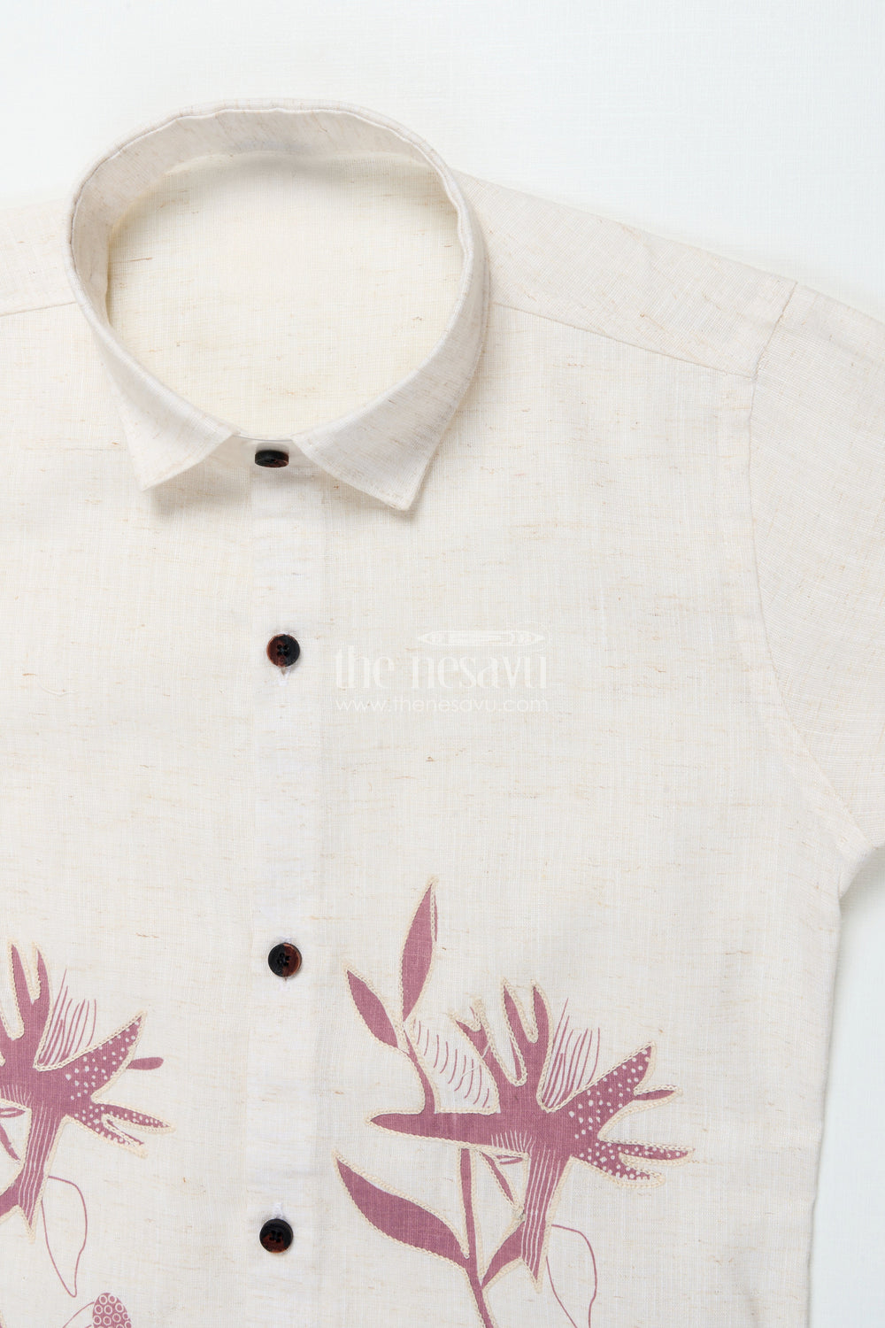 The Nesavu Boys Cotton Shirt Boys Cream and Brown Floral Embroidered Shirt Festive Ethnic Cotton Blend Nesavu Boys embroidered cream shirt brown floral border cotton blend ethnic occasions