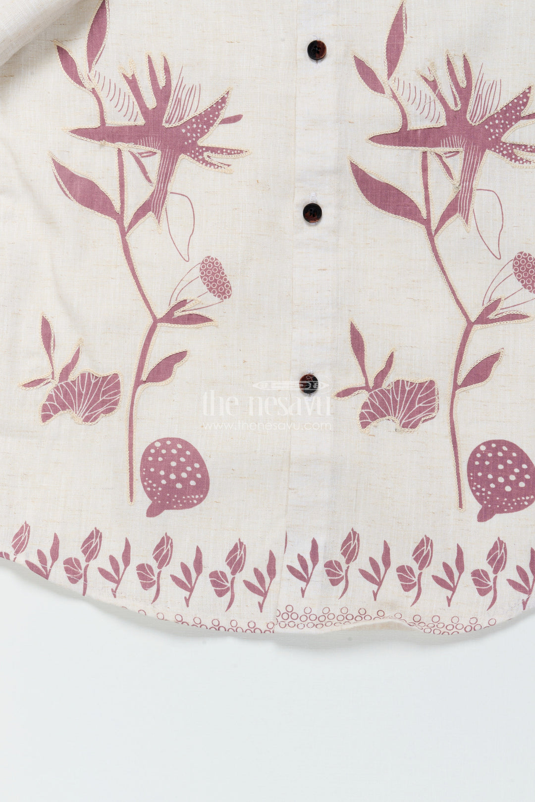 The Nesavu Boys Cotton Shirt Boys Cream and Brown Floral Embroidered Shirt Festive Ethnic Cotton Blend Nesavu Boys embroidered cream shirt brown floral border cotton blend ethnic occasions