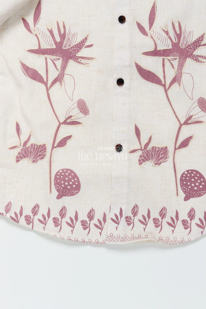 The Nesavu Boys Cotton Shirt Boys Cream and Brown Floral Embroidered Shirt Festive Ethnic Cotton Blend Nesavu Boys embroidered cream shirt brown floral border cotton blend ethnic occasions