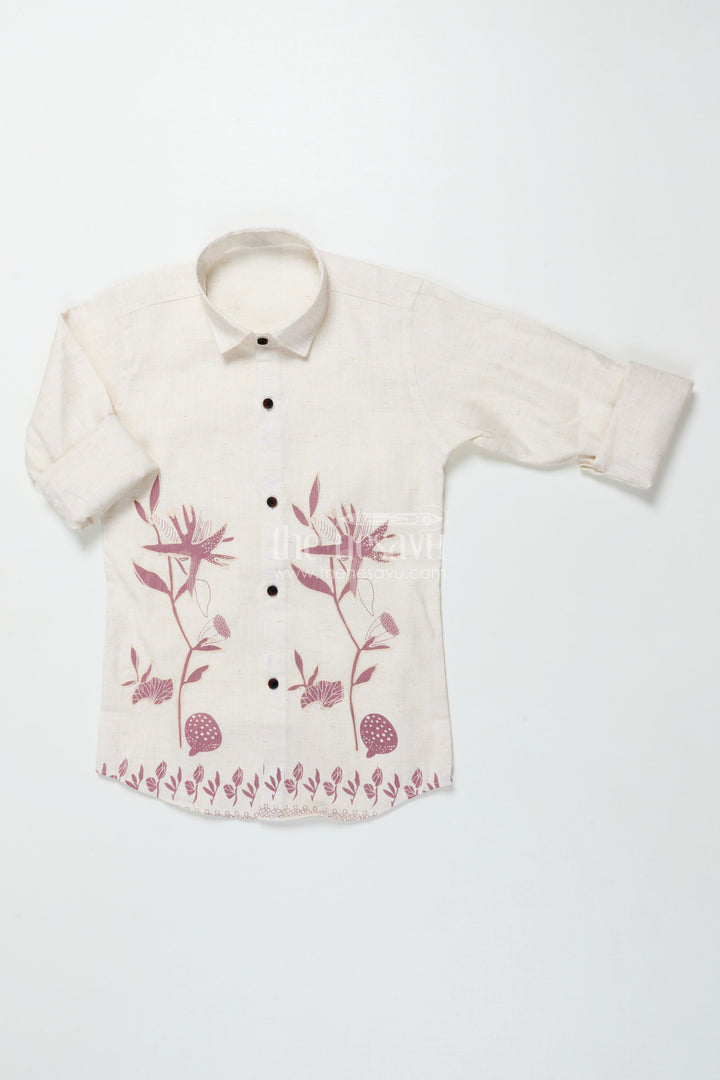 The Nesavu Boys Cotton Shirt Boys Cream and Brown Floral Embroidered Shirt Festive Ethnic Cotton Blend Nesavu Boys embroidered cream shirt brown floral border cotton blend ethnic occasions