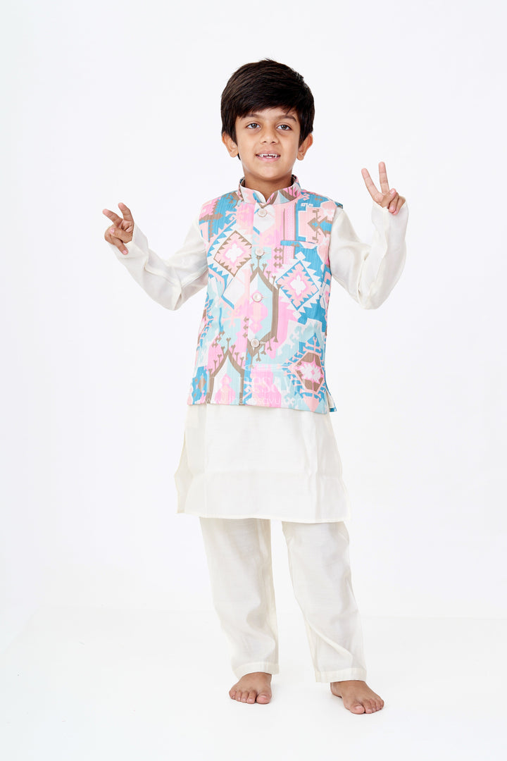The Nesavu Boys Kurtha Set Boys Cream Color Kurta Set with Digital Print Jacket in Multicolor Geometric Motifs Nesavu 18 (2Y) / Cream BES680A-18 Boys Cream Color Kurta Multicolor Digital Print Jacket Silk Blend Fabric | The Nesavu