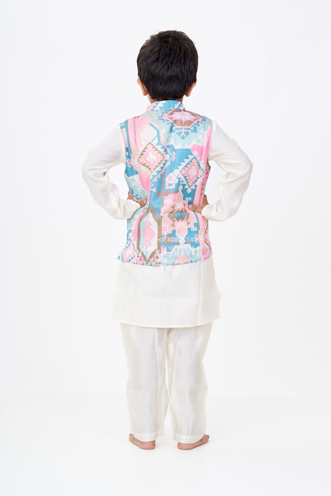 The Nesavu Boys Kurtha Set Boys Cream Color Kurta Set with Digital Print Jacket in Multicolor Geometric Motifs Nesavu Nesavu Boys Cream Color Kurta Multicolor Digital Print Jacket Silk Blend Fabric