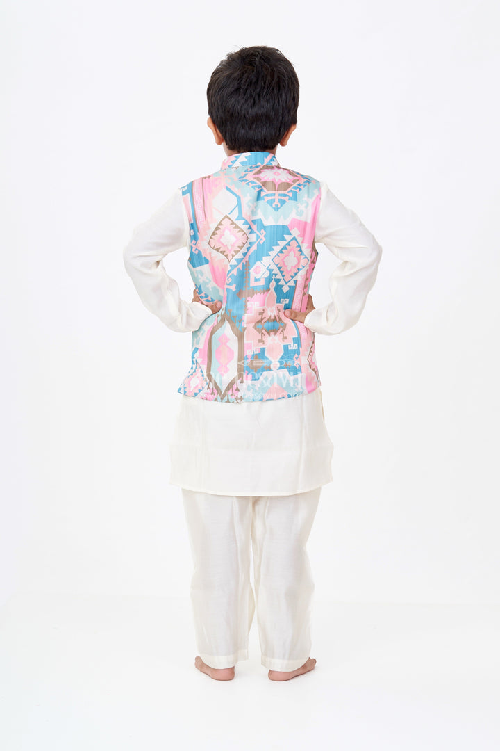 The Nesavu Boys Kurtha Set Boys Cream Color Kurta Set with Digital Print Jacket in Multicolor Geometric Motifs Nesavu Nesavu Boys Cream Color Kurta Multicolor Digital Print Jacket Silk Blend Fabric