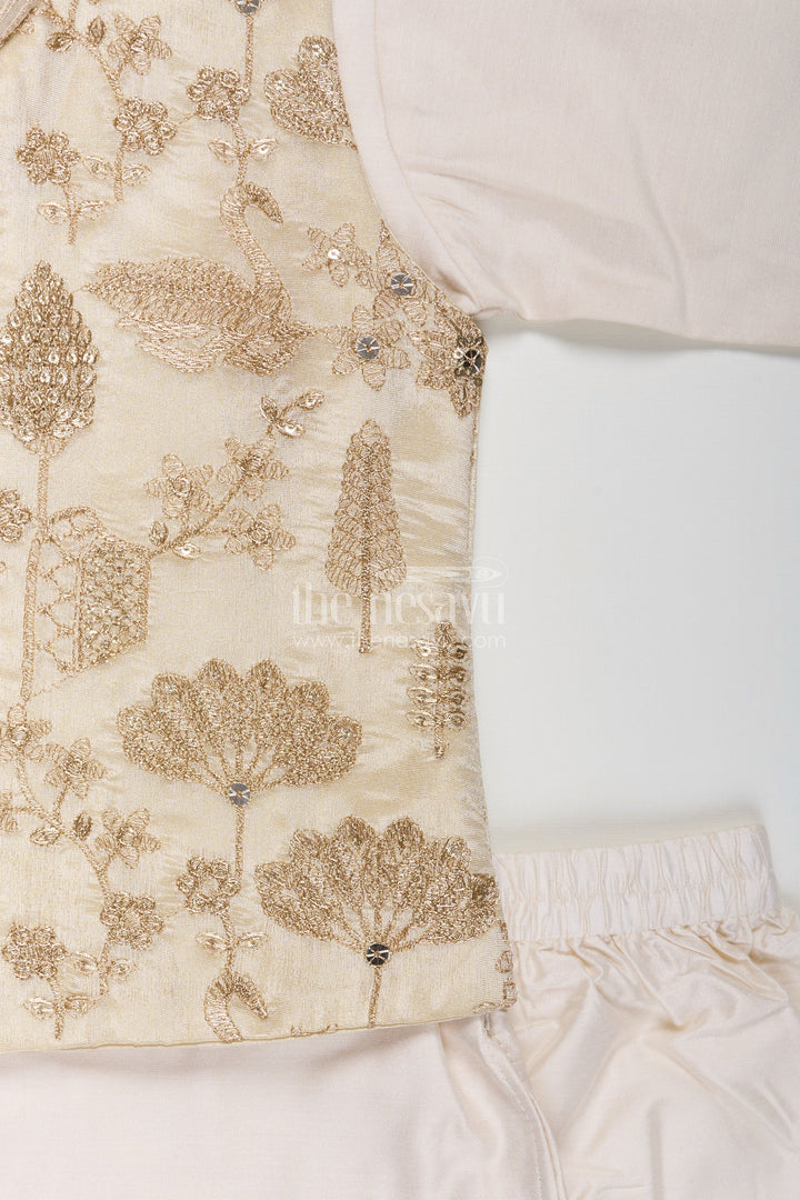 The Nesavu Boys Dothi Set Boys Cream Kurta Set with Embroidered Jacket and Straight Pants for Festive Wear Nesavu Boys Cream Kurta Set Embroidered Jacket Matching Pants Weddings | The Nesavu