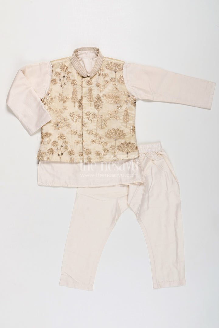 The Nesavu Boys Dothi Set Boys Cream Kurta Set with Embroidered Jacket and Straight Pants for Festive Wear Nesavu Boys Cream Kurta Set Embroidered Jacket Matching Pants Weddings | The Nesavu