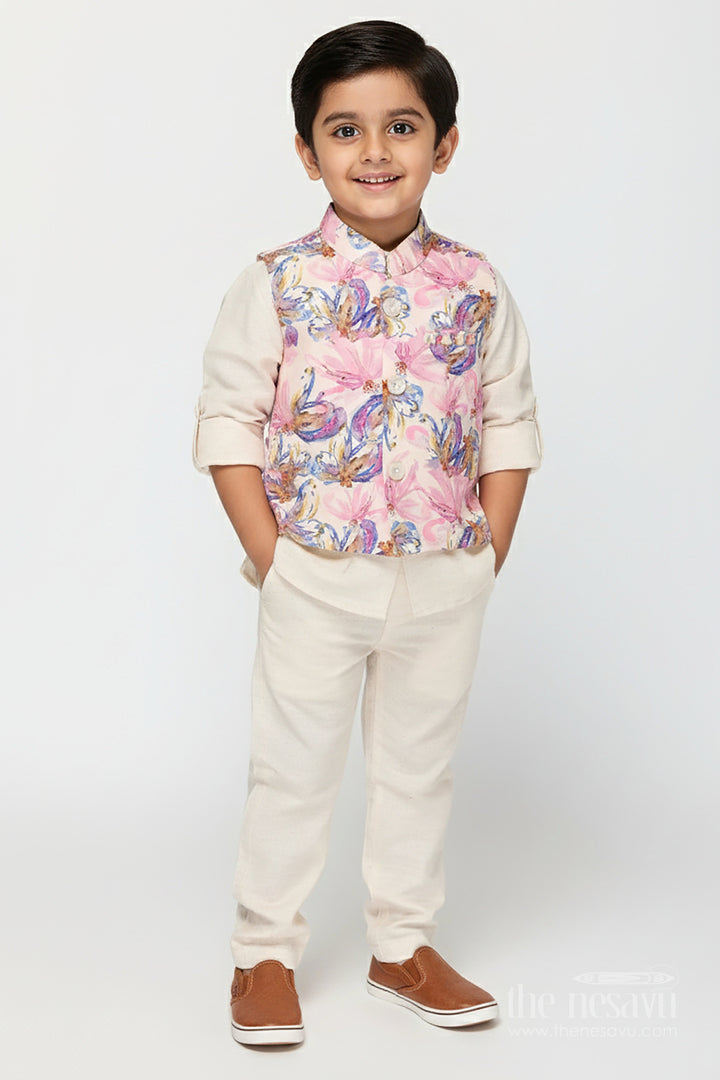 The Nesavu Boys Kurtha Set Boys Cream Kurta with Floral Digital Print Jacket and Pants Set Nesavu 12 (3M) / Half white BES876A-12 Nesavu boys cream kurta and pant set with pastel floral digital print jacket festive ethnic wear