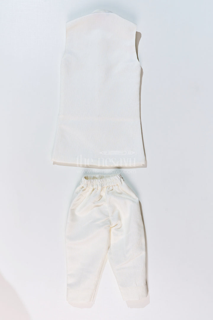 The Nesavu Boys Jacket Sets Boys Cream Kurta with Nehru Jacket in Silk Blend with Intricate Embroidery and Designer Brooch Nesavu Boys Cream Kurta Nehru Jacket Silk Blend Embroidery Designer Brooch | The Nesavu