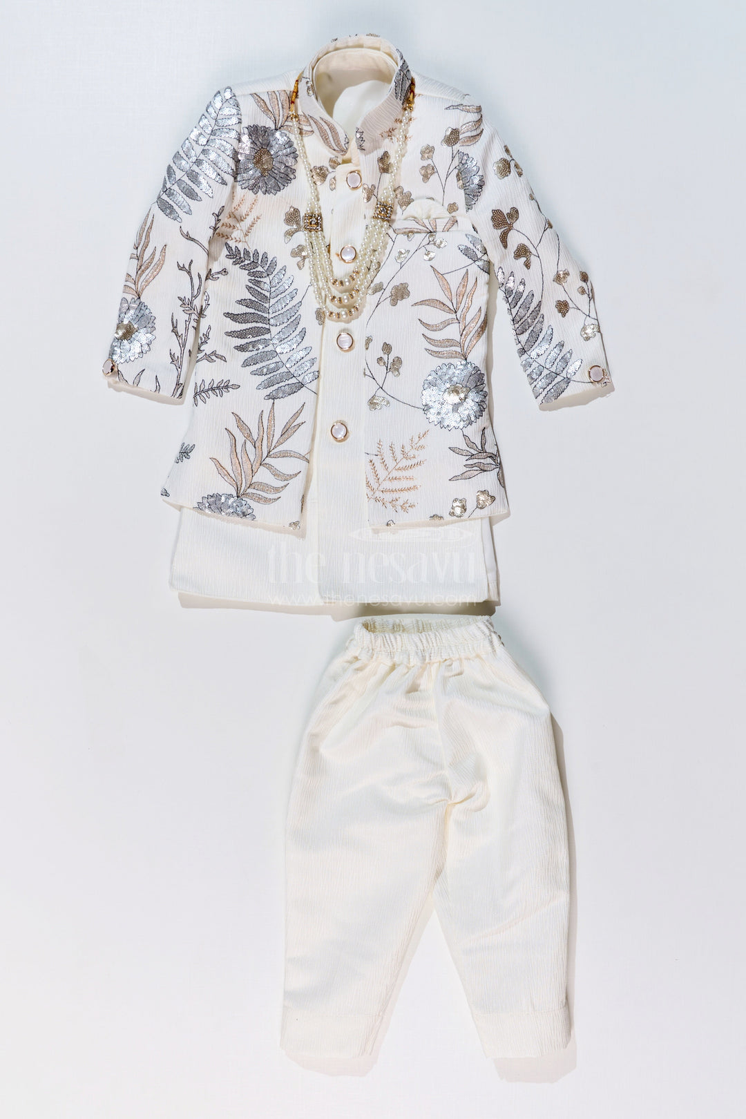 The Nesavu Boys Jacket Sets Boys Cream Kurta with Nehru Jacket in Silk Blend with Intricate Embroidery and Designer Brooch Nesavu Boys Cream Kurta Nehru Jacket Silk Blend Embroidery Designer Brooch | The Nesavu