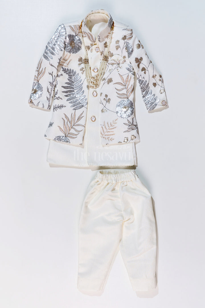 The Nesavu Boys Jacket Sets Boys Cream Kurta with Nehru Jacket in Silk Blend with Intricate Embroidery and Designer Brooch Nesavu Boys Cream Kurta Nehru Jacket Silk Blend Embroidery Designer Brooch | The Nesavu
