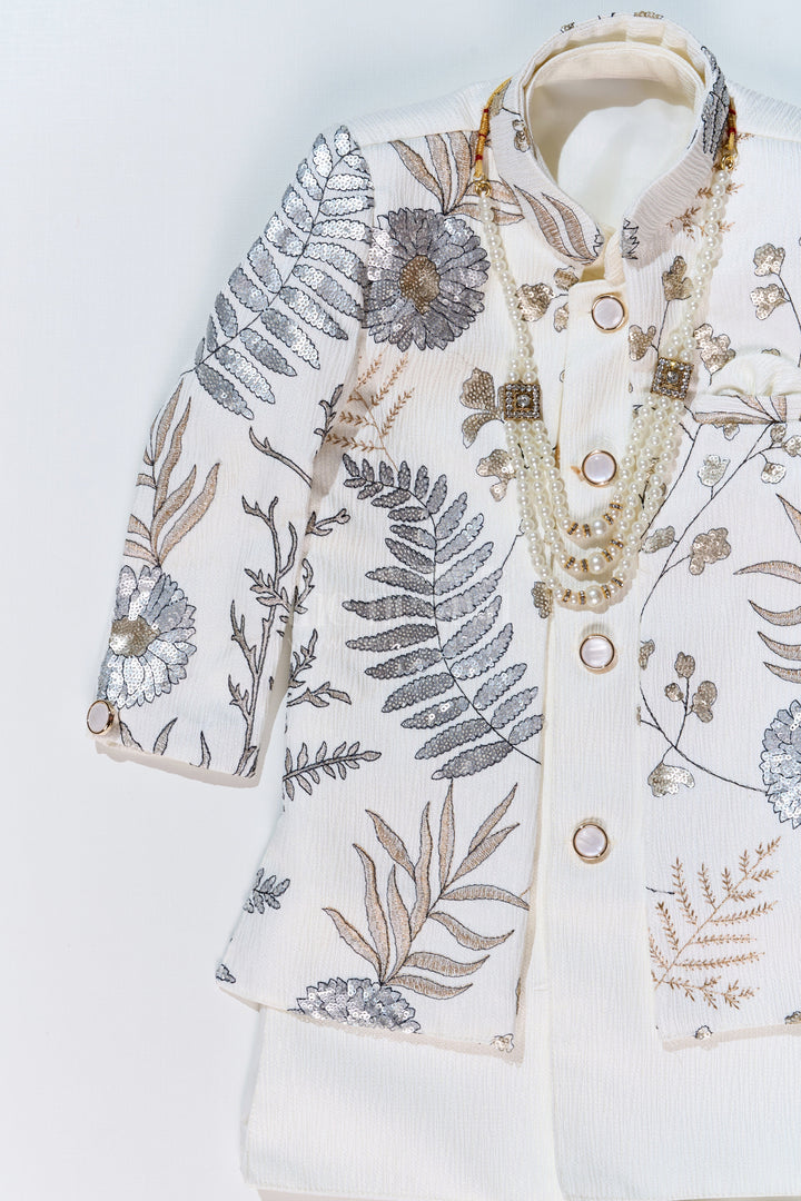 The Nesavu Boys Jacket Sets Boys Cream Kurta with Nehru Jacket in Silk Blend with Intricate Embroidery and Designer Brooch Nesavu Boys Cream Kurta Nehru Jacket Silk Blend Embroidery Designer Brooch | The Nesavu