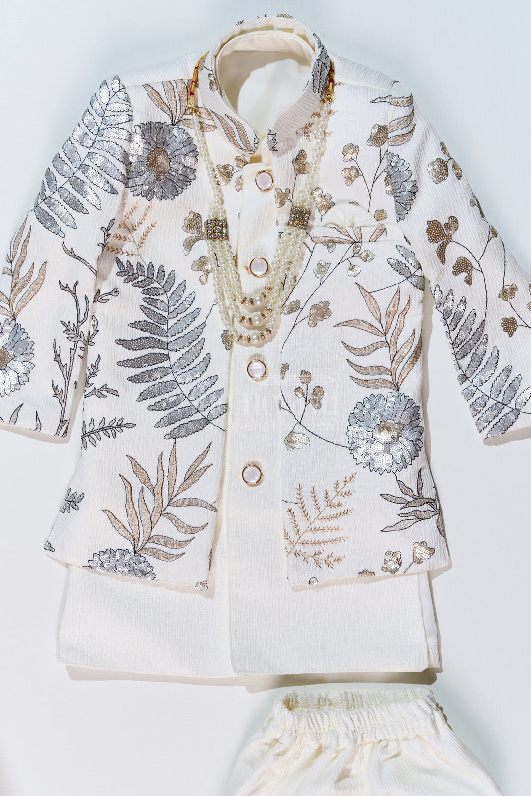 The Nesavu Boys Jacket Sets Boys Cream Kurta with Nehru Jacket in Silk Blend with Intricate Embroidery and Designer Brooch Nesavu Boys Cream Kurta Nehru Jacket Silk Blend Embroidery Designer Brooch | The Nesavu