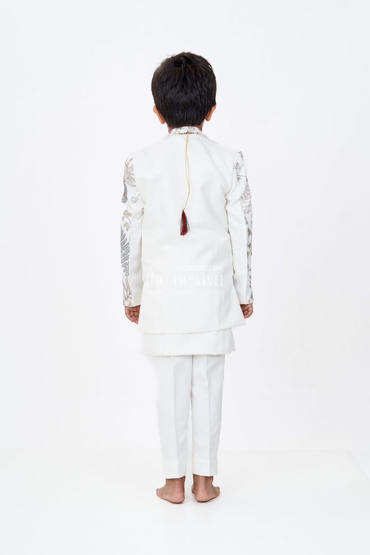 The Nesavu Boys Jacket Sets Boys Cream Kurta with Nehru Jacket in Silk Blend with Intricate Embroidery and Designer Brooch Nesavu Boys Cream Kurta Nehru Jacket Silk Blend Embroidery Designer Brooch | The Nesavu