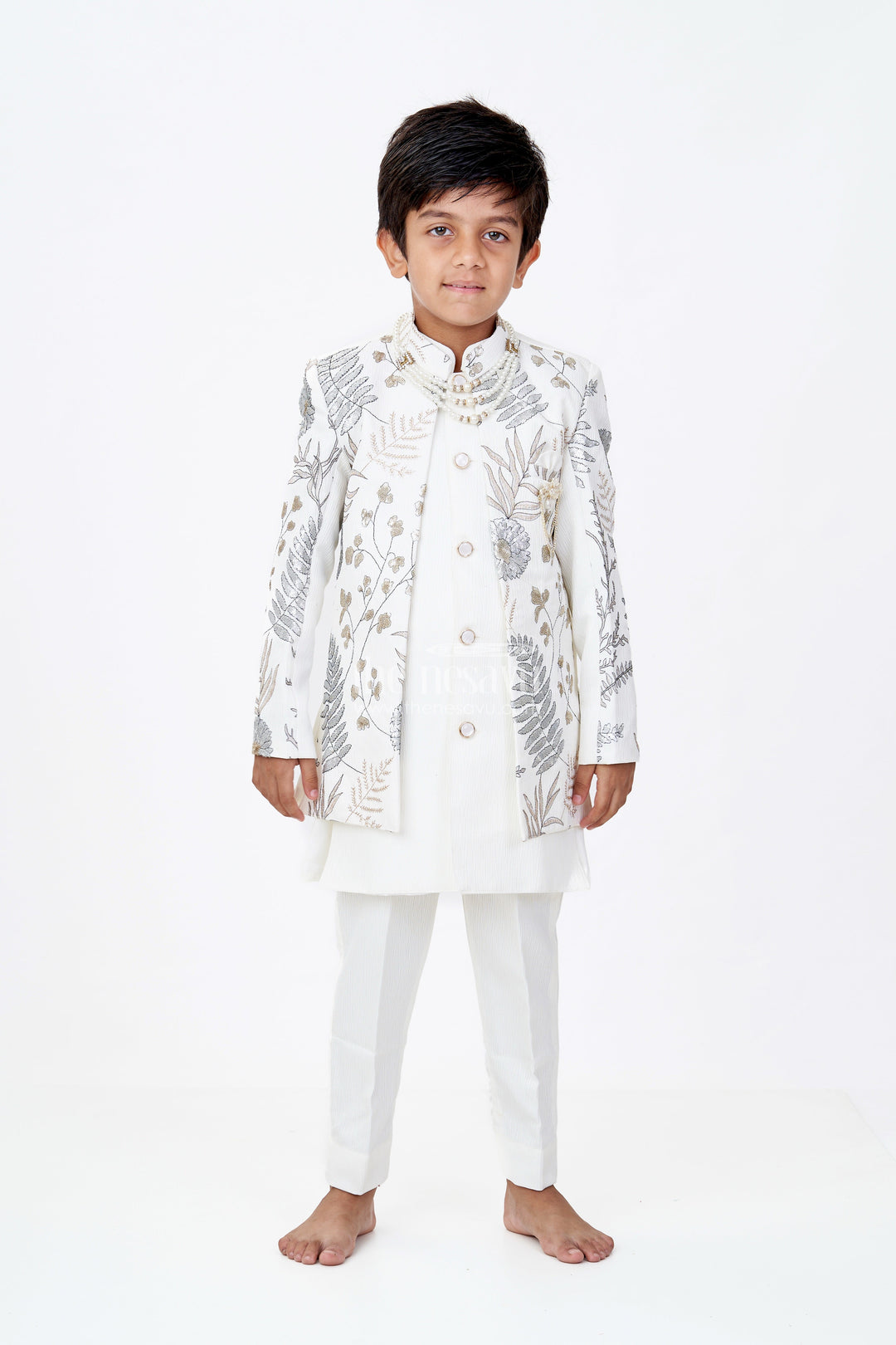 The Nesavu Boys Jacket Sets Boys Cream Kurta with Nehru Jacket in Silk Blend with Intricate Embroidery and Designer Brooch Nesavu Boys Cream Kurta Nehru Jacket Silk Blend Embroidery Designer Brooch | The Nesavu