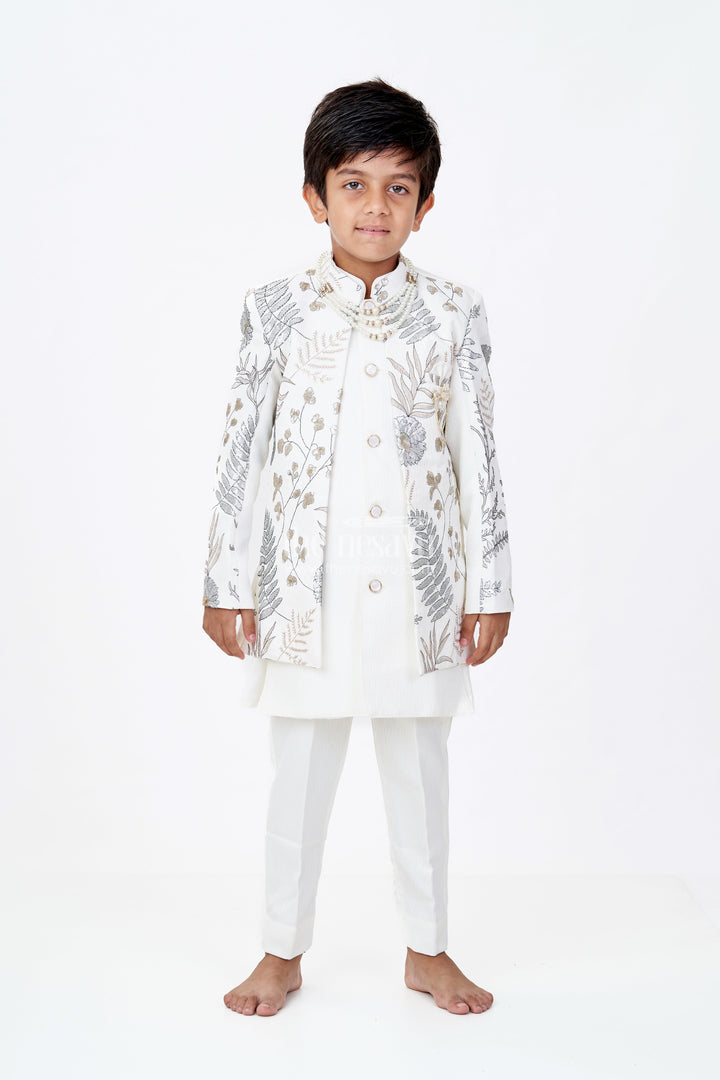 The Nesavu Boys Jacket Sets Boys Cream Kurta with Nehru Jacket in Silk Blend with Intricate Embroidery and Designer Brooch Nesavu Boys Cream Kurta Nehru Jacket Silk Blend Embroidery Designer Brooch | The Nesavu