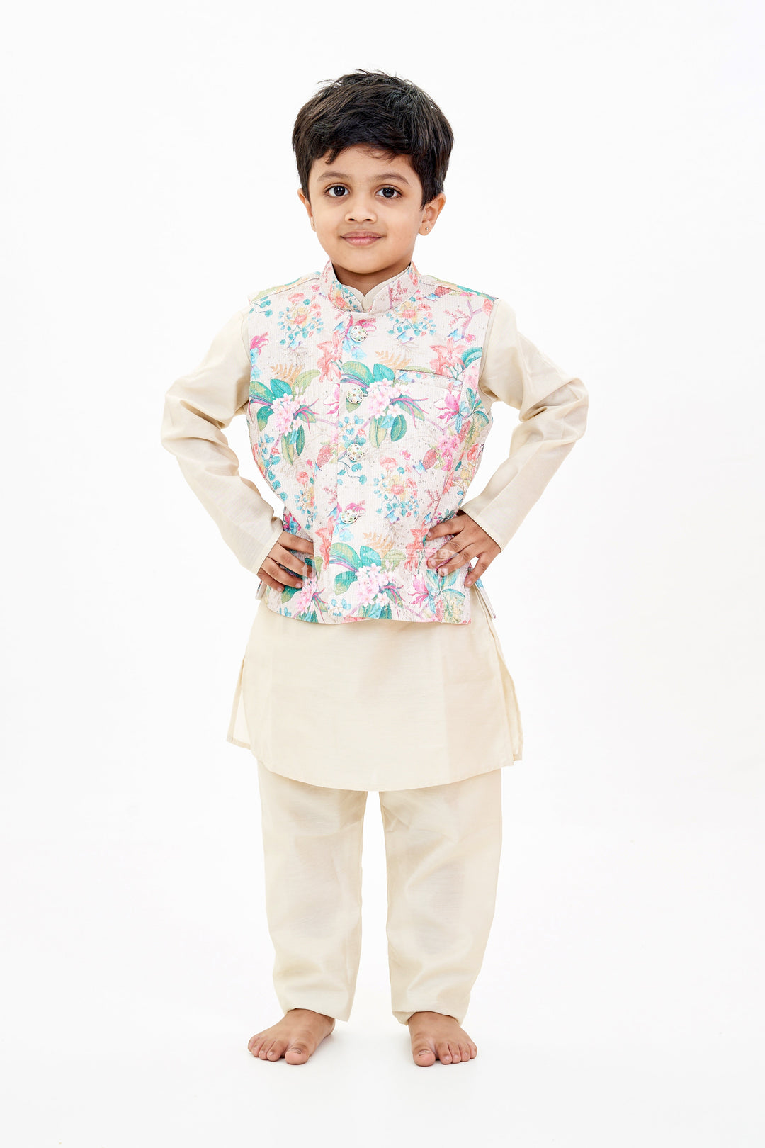 The Nesavu Boys Jacket Sets Boys Cream Kurtha with Floral Printed Jacket and Silk Blend Fabric for Festive Elegance Nesavu 16 (1Y) / Cream BES661A-16 Boys Cream Kurtha Floral Printed Jacket Silk Blend Fabric Festive Wear | The Nesavu