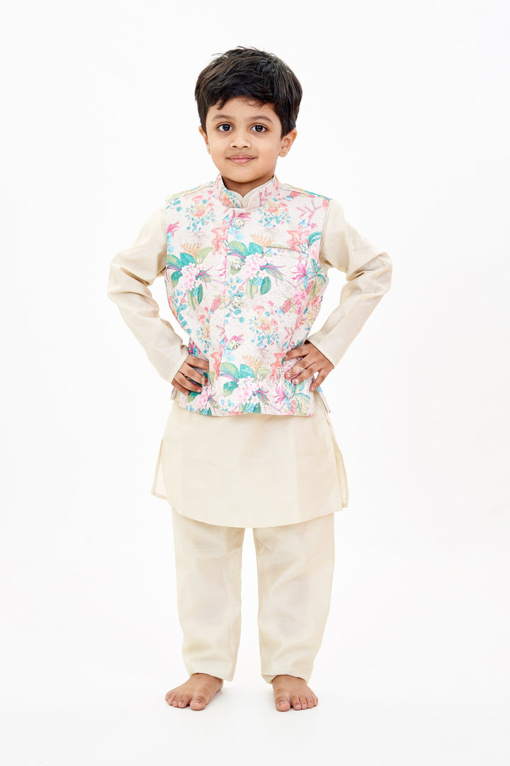 The Nesavu Boys Jacket Sets Boys Cream Kurtha with Floral Printed Jacket and Silk Blend Fabric for Festive Elegance Nesavu 16 (1Y) / Cream BES661A-16 Boys Cream Kurtha Floral Printed Jacket Silk Blend Fabric Festive Wear | The Nesavu