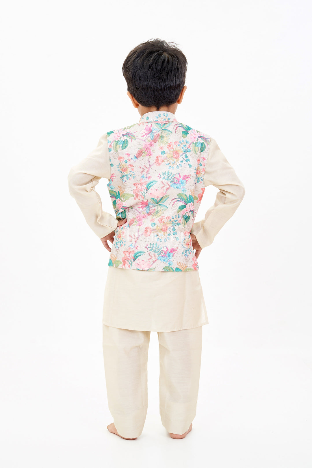 The Nesavu Boys Jacket Sets Boys Cream Kurtha with Floral Printed Jacket and Silk Blend Fabric for Festive Elegance Nesavu Boys Cream Kurtha Floral Printed Jacket Silk Blend Fabric Festive Wear | The Nesavu