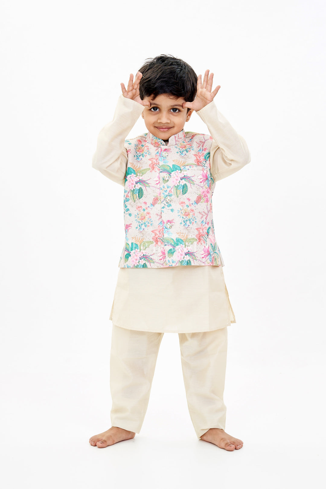 The Nesavu Boys Jacket Sets Boys Cream Kurtha with Floral Printed Jacket and Silk Blend Fabric for Festive Elegance Nesavu Boys Cream Kurtha Floral Printed Jacket Silk Blend Fabric Festive Wear | The Nesavu