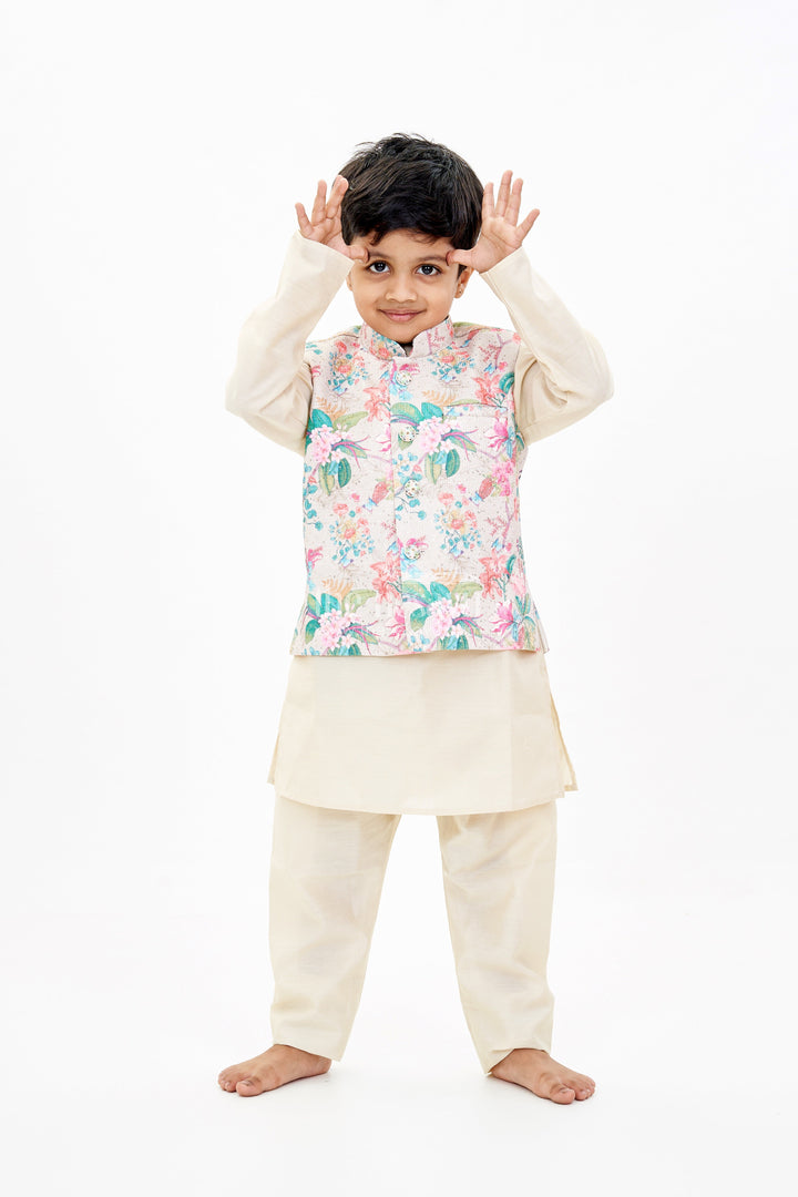 The Nesavu Boys Jacket Sets Boys Cream Kurtha with Floral Printed Jacket and Silk Blend Fabric for Festive Elegance Nesavu Boys Cream Kurtha Floral Printed Jacket Silk Blend Fabric Festive Wear | The Nesavu