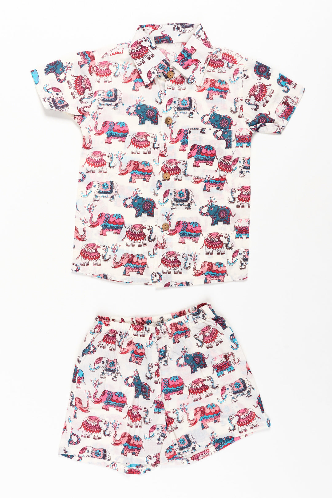 The Nesavu Boys Casual Set Boys Cute Casual Clothes with Pink and Blue Elephant Motifs for Playful Comfort and Style Nesavu 16 (1Y) / Multicolor BCS273A-16 Nesavu Boys Cute Casual Clothes Pink Blue Elephant Print Shirt Shorts Cotton