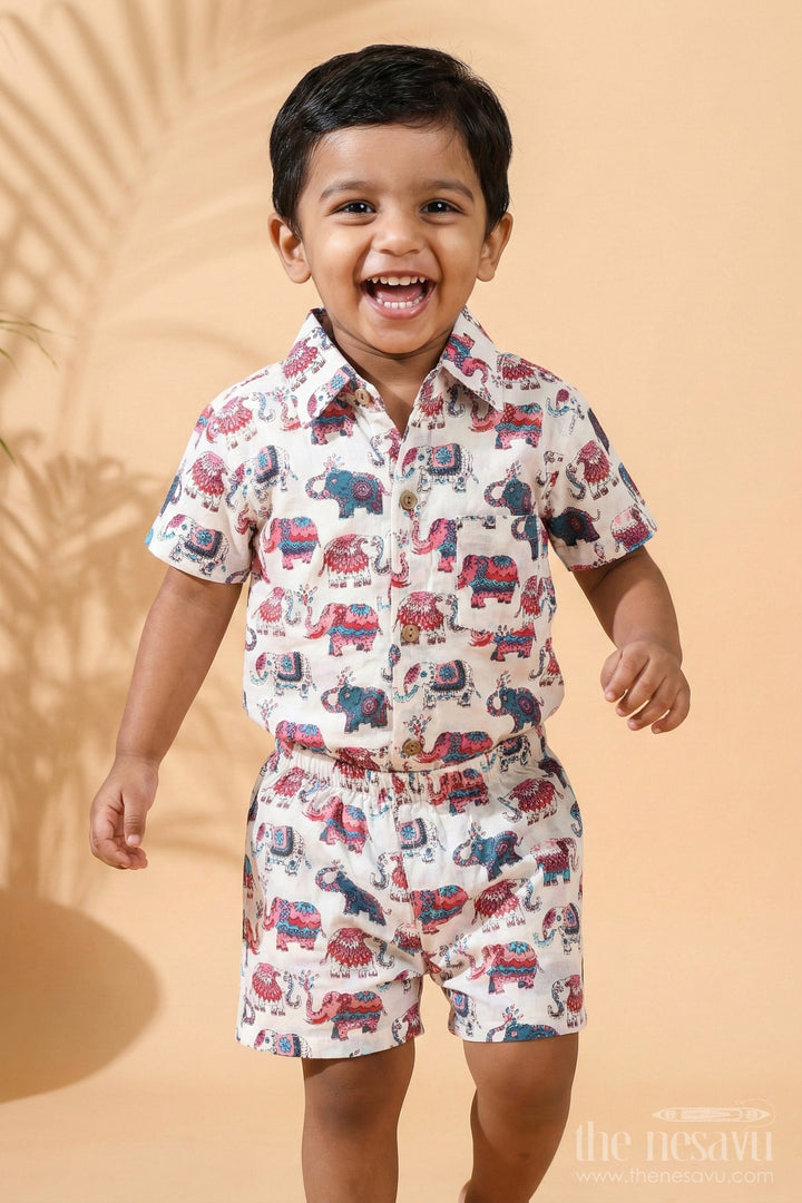 The Nesavu Boys Casual Set Boys Cute Casual Clothes with Pink and Blue Elephant Motifs for Playful Comfort and Style Nesavu 16 (1Y) / Multicolor BCS273A-16 Nesavu Boys Cute Casual Clothes Pink Blue Elephant Print Shirt Shorts Cotton