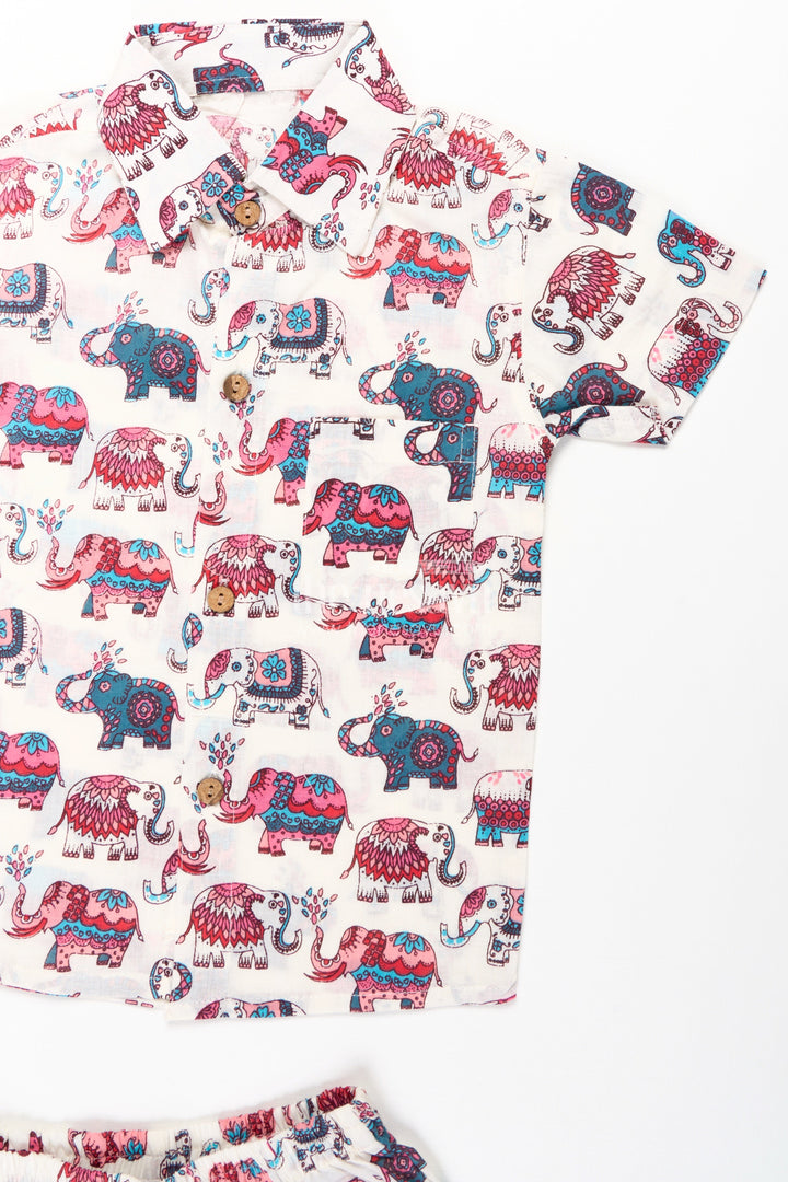 The Nesavu Boys Casual Set Boys Cute Casual Clothes with Pink and Blue Elephant Motifs for Playful Comfort and Style Nesavu Nesavu Boys Cute Casual Clothes Pink Blue Elephant Print Shirt Shorts Cotton