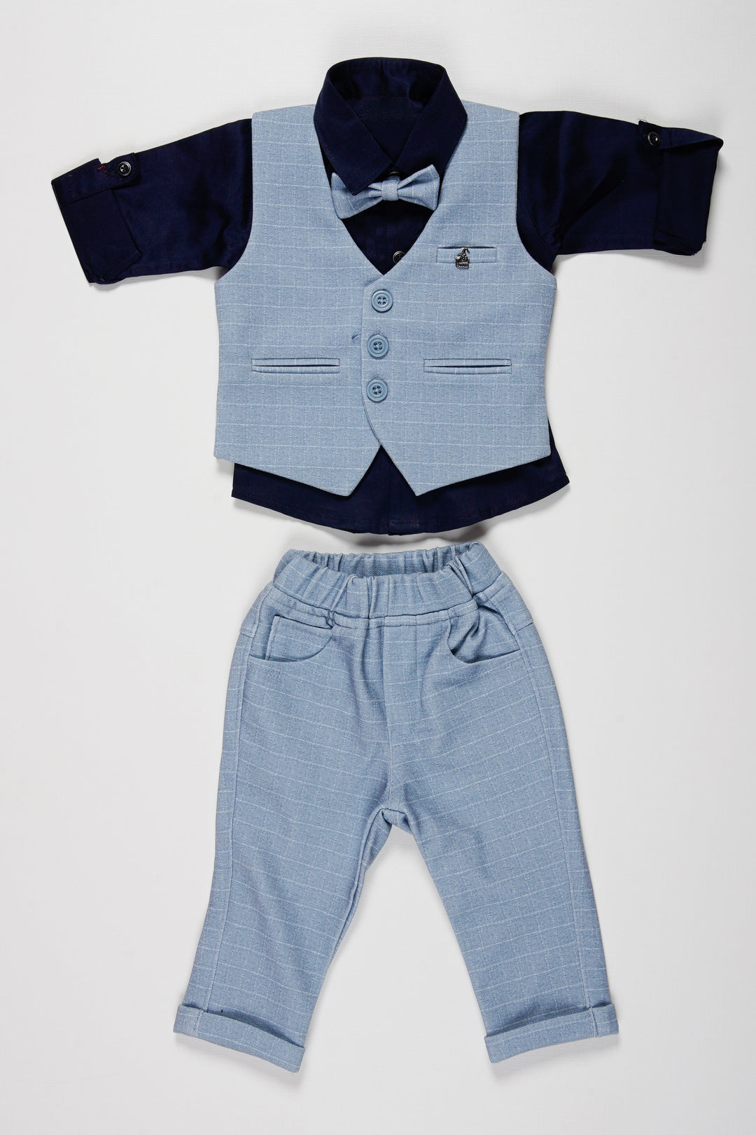 The Nesavu Boys Casual Set Boys Dapper Light Grey Suit Set with Navy Accents and Bow Tie Nesavu 10 (NB) / Blue / Cotton Linen BCS033A-10 Boys Formal Light Grey and Navy Suit Set | Stylish Wedding Attire for Young Boys | The Nesavu