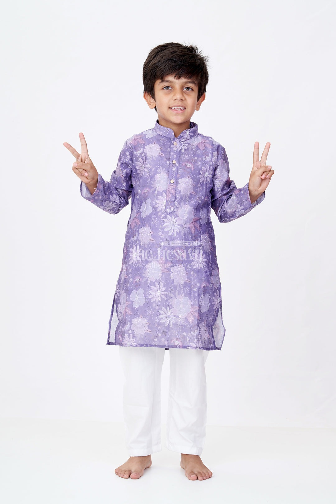 The Nesavu Boys Kurtha Set Boys Dark Purple Kurta Set in Silk Cotton with Self Embroidered Floral Digital Print and White Churidar Nesavu 20 (3Y) / Purple BES675B-20 Boys Dark Purple Kurta Set Silk Cotton Floral Digital Embroidery White Churidar | The Nesavu