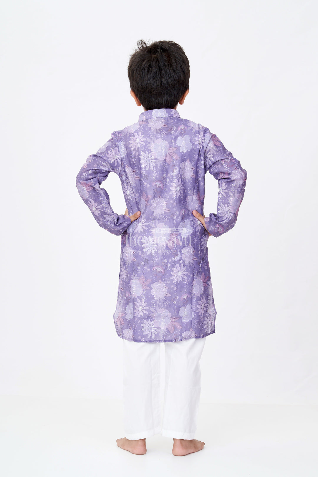 The Nesavu Boys Kurtha Set Boys Dark Purple Kurta Set in Silk Cotton with Self Embroidered Floral Digital Print and White Churidar Nesavu Boys Dark Purple Kurta Set Silk Cotton Floral Digital Embroidery White Churidar | The Nesavu