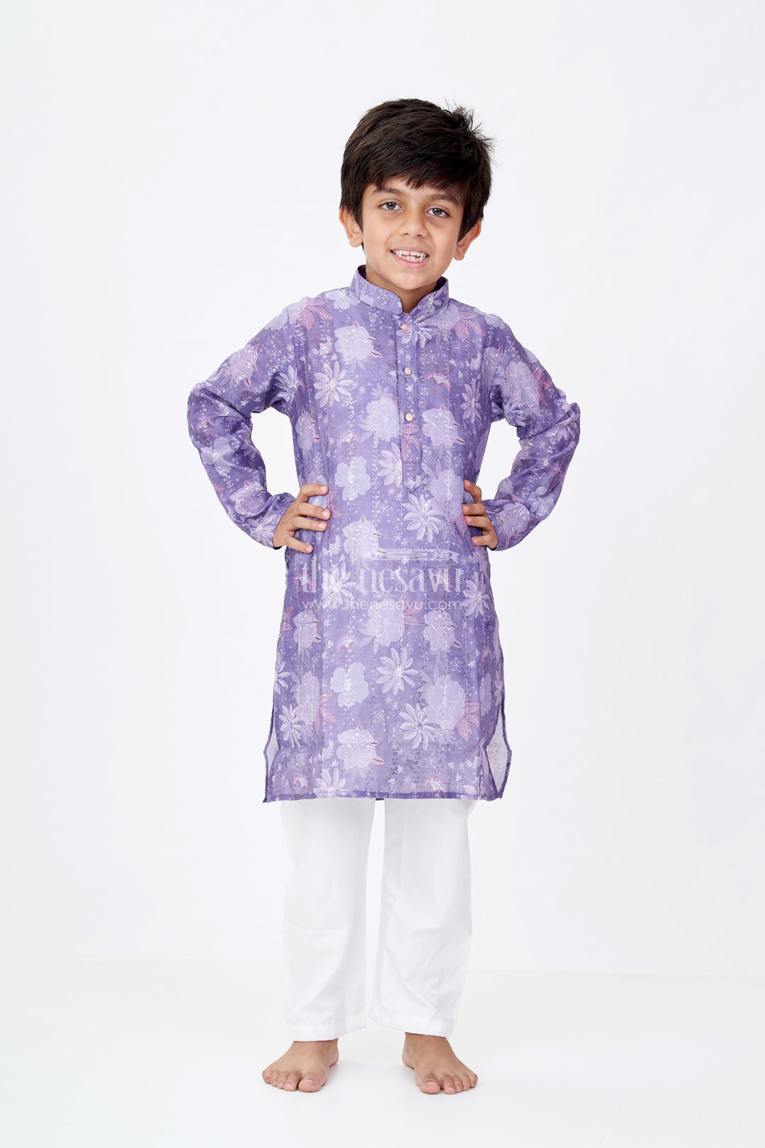 The Nesavu Boys Kurtha Set Boys Dark Purple Kurta Set in Silk Cotton with Self Embroidered Floral Digital Print and White Churidar Nesavu Boys Dark Purple Kurta Set Silk Cotton Floral Digital Embroidery White Churidar | The Nesavu