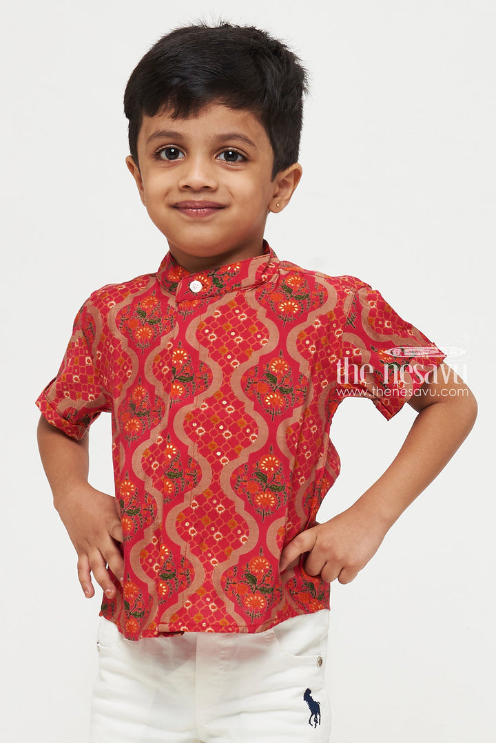 The Nesavu Boys Cotton Shirt Boys Designer Chanderi Shirt with Bold Geometric Floral Print Nesavu Vibrant Boys Chanderi Shirt | Geometric Floral Designer Wear | The Nesavu