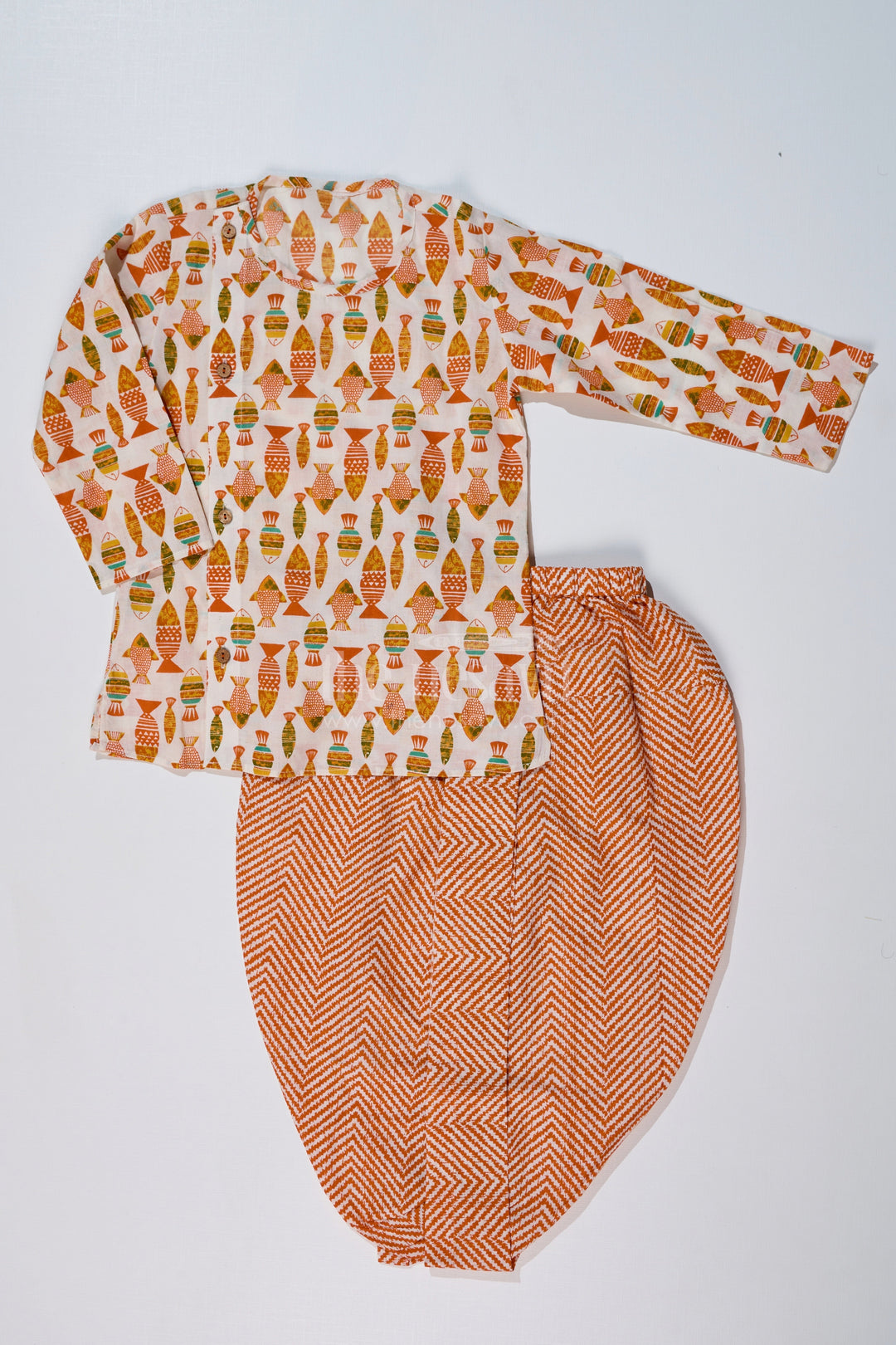 The Nesavu Boys Dothi Set Boys Designer Dhoti Kurta in Orange with Handcrafted Block Print Motifs Nesavu 12 (3M) / Orange BES632C-12 Boys Designer Dhoti Kurta Orange Fish Motif Chevron Dhoti | The Nesavu