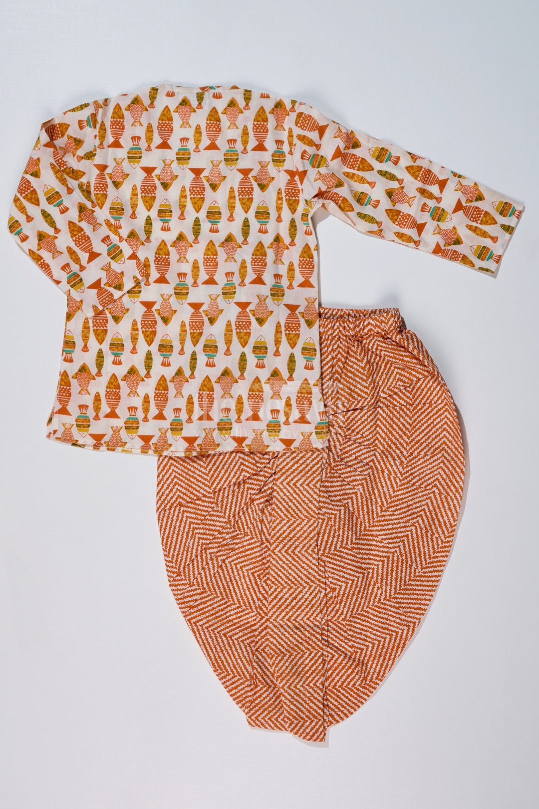 The Nesavu Boys Dothi Set Boys Designer Dhoti Kurta in Orange with Handcrafted Block Print Motifs Nesavu Boys Designer Dhoti Kurta Orange Fish Motif Chevron Dhoti | The Nesavu