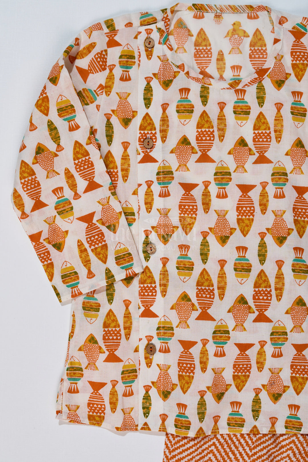 The Nesavu Boys Dothi Set Boys Designer Dhoti Kurta in Orange with Handcrafted Block Print Motifs Nesavu Boys Designer Dhoti Kurta Orange Fish Motif Chevron Dhoti | The Nesavu