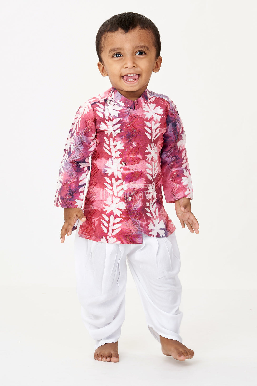 The Nesavu Boys Dothi Set Boys Designer Ethnic Wear in Maroon Batik Print Chanderi Cotton with Sequin Embroidery and White Dhoti Nesavu 10 (NB) / Pink BES686A-10 Boys Designer Ethnic Wear Set Maroon Batik Chanderi Cotton Embroidery Dhoti | The Nesavu