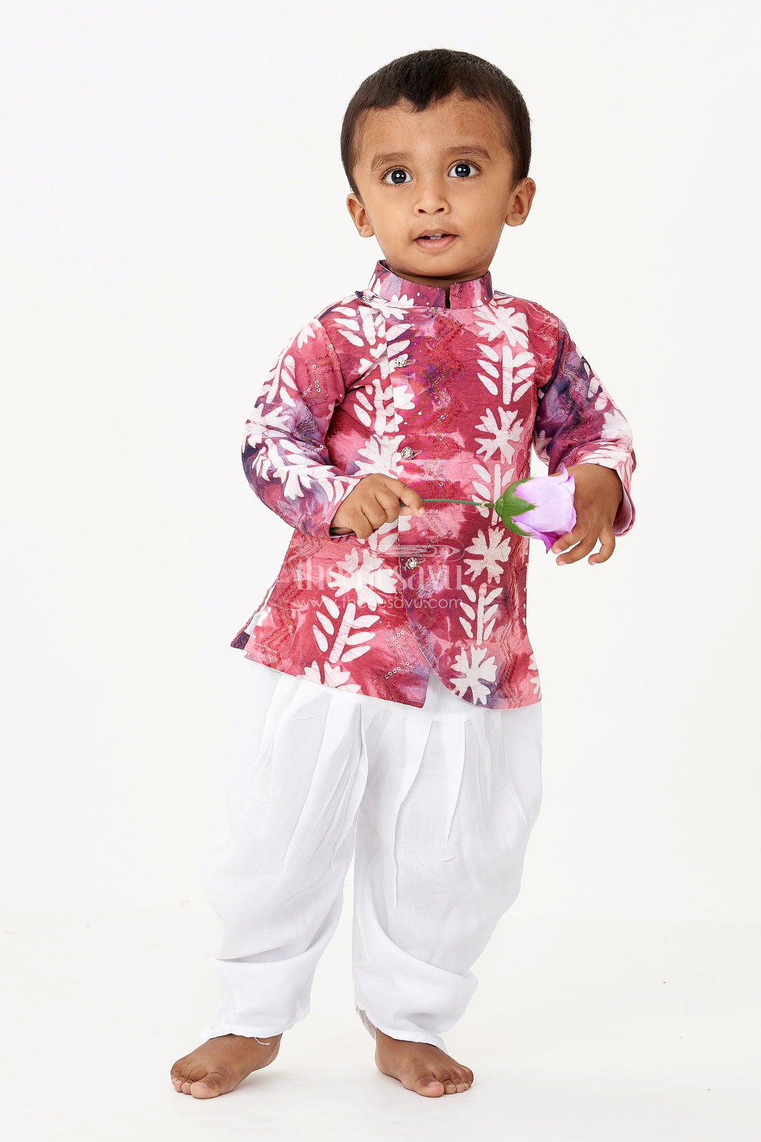 The Nesavu Boys Dothi Set Boys Designer Ethnic Wear in Maroon Batik Print Chanderi Cotton with Sequin Embroidery and White Dhoti Nesavu Boys Designer Ethnic Wear Set Maroon Batik Chanderi Cotton Embroidery Dhoti | The Nesavu